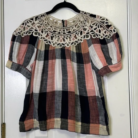 Anthropologie Pink and Black Puff Sleeve Blouse with Bib Collar - Picture 6 of 13